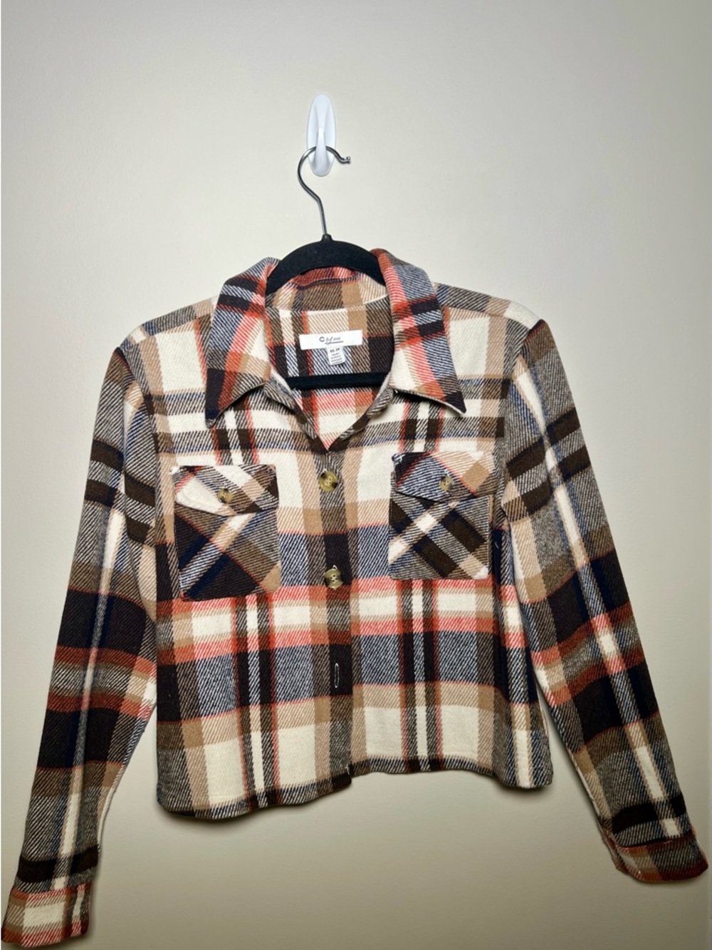 Plaid Button-Front Women’s Jacket in Cream, Brown & Rust